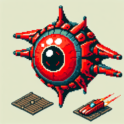 65604d9e9017209915d71b35: Top down shooter, alien space enemy craft, retro pixel art, red flying space alien, giant eye ball
Single Game Texture. In-Game asset. 2d. Blank background. High contrast. No shadows.