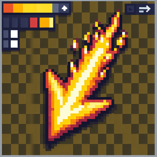 a yellow fire arrow, pointing up. top down view. pixelart. vertical. Single Game Texture. In-Game asset. 2d. Blank background. High contrast. No shadows.