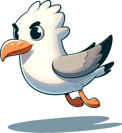 Create a cartoon-style illustration of a flying seagull. The goal is to capture a lively and playful character. Front perspective.
Single Game Texture. In-Game asset. 2d. Blank background. High contrast. No shadows.