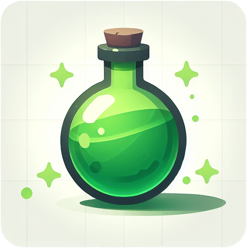 potion magique verte.
Single Game Texture. In-Game asset. 2d. Blank background. High contrast. No shadows.