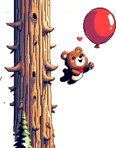 pixel art. a full screen illustration. a likeable and very satiated and content little bear cub with a red baloon is flying away from an incredibly tall redwood tree at considerable height. It's a bright summer day with a clear blue sky. Forest covered mountains in the distance. The overall feel should be happy complacency, even in a place of peril..
Single Game Texture. In-Game asset. 2d. Blank background. High contrast. No shadows.