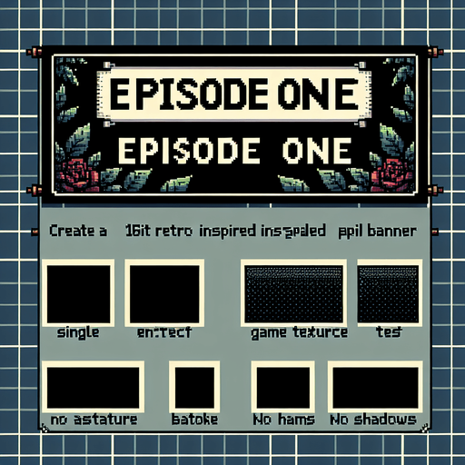 black banner with text that says 'Episode One', I want the art style to reflect a classic 16-bit retro pixel art aesthetic, reminiscent of early 1990s RPGs.
Single Game Texture. In-Game asset. 2d. Blank background. High contrast. No shadows.