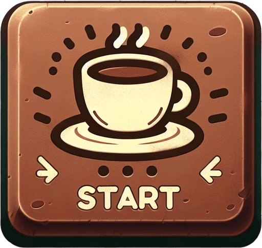 Rectangular coffee themed start button.
Single Game Texture. In-Game asset. 2d. Blank background. High contrast. No shadows.