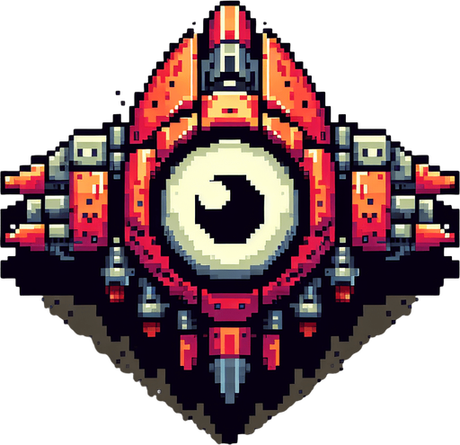 65604d9e9017209915d71b35: Top down shooter, alien space enemy craft, retro pixel art, red flying space alien, giant eye ball
Single Game Texture. In-Game asset. 2d. Blank background. High contrast. No shadows.