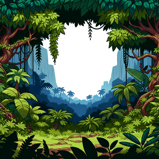 Jungle Scenic view. Open in the top
 Cartoon. Black background. Single Game Texture. In-Game asset. 2d. Blank background. High contrast. No shadows..
Single Game Texture. In-Game asset. 2d. Blank background. High contrast. No shadows.