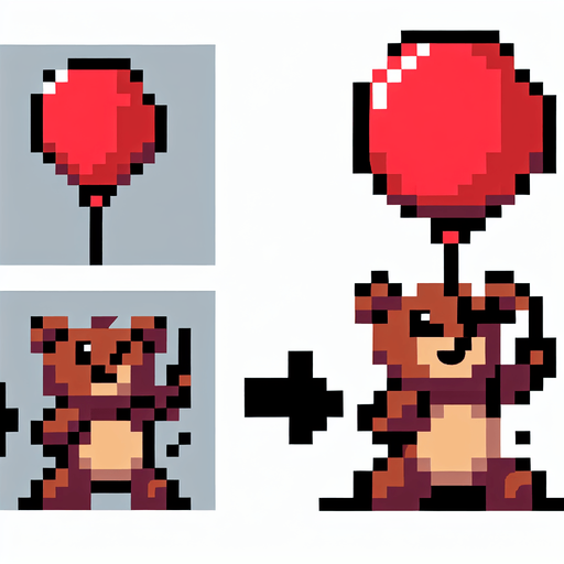 pixelart. a smiling brown bear holding a red baloon, that is lifting it upwards..
Single Game Texture. In-Game asset. 2d. Blank background. High contrast. No shadows.