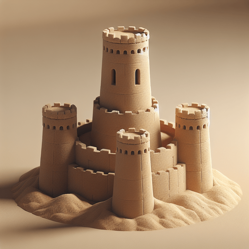 face view of a simple sandcastle with 2 flat towers on the sides and a central one a bit higher but flat too..
casual game style