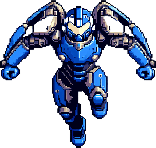 a blue iron man style armor flying.
Retro gaming style