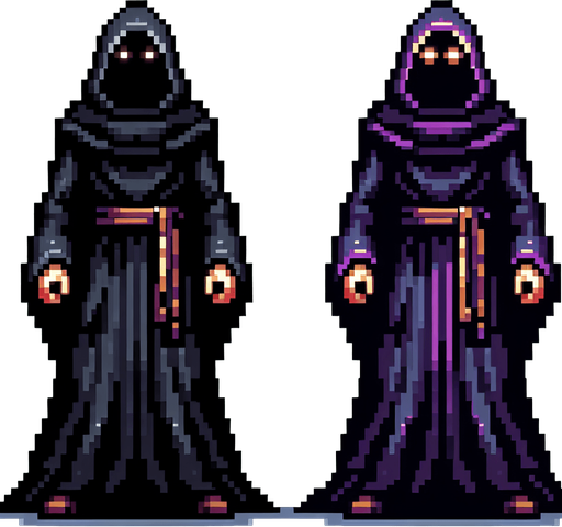 evil hooded wizard, full body, front facing, I want the art style to reflect a classic 16-bit retro pixel art aesthetic, reminiscent of early 1990s RPGs with vibrant colors..
Single Game Texture. In-Game asset. 2d. Blank background. High contrast. No shadows.