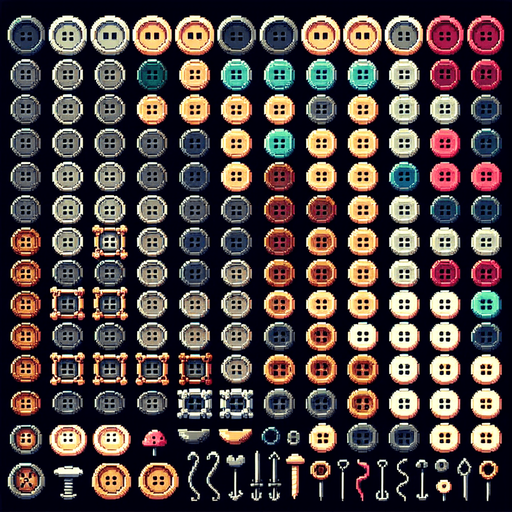 Create a sprite sheet featuring various sewing buttons. Each button should be distinct, with a cohesive color scheme. The style should be detailed pixel art, reminiscent of classic 8-bit era video game. Arrange the components on a dark background, with each part neatly aligned in rows and columns for easy identification and use in game development..
Single Game Texture. In-Game asset. 2d. Blank background. High contrast. No shadows.