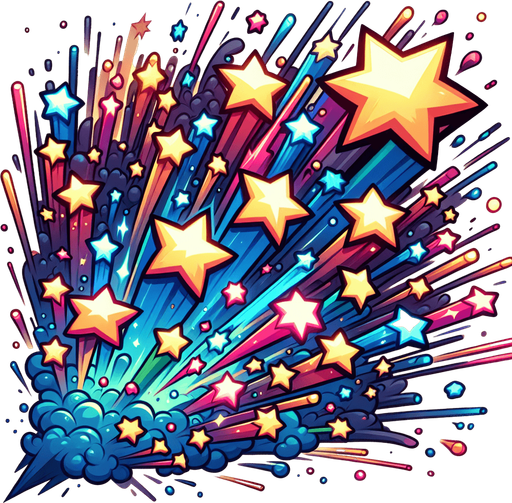 create a cartoon-style illustration of an explosion of stars.
Single Game Texture. In-Game asset. 2d. Blank background. High contrast. No shadows.