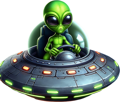 Ufo with green alien driving it.
Single Game Texture. In-Game asset. 2d. Blank background. High contrast. No shadows.