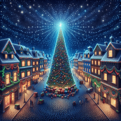 2d 3rd person front view of a christmas town square with a starry sky Single Game Texture. In-Game asset. 2d. Blank background. High contrast. No shadows.