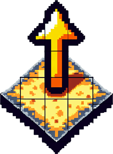 a yellow fire arrow, pointing up. top down view. pixelart. vertical. Single Game Texture. In-Game asset. 2d. Blank background. High contrast. No shadows.