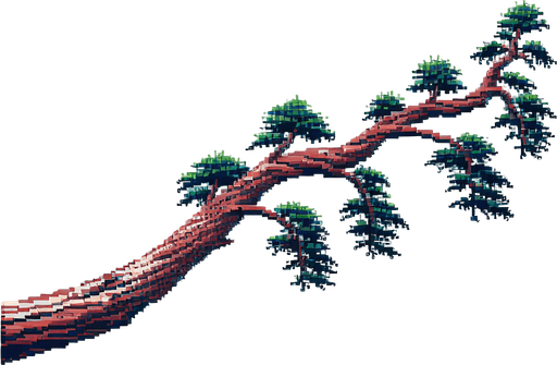 pixelart. A long horizontally growing  branch grown from a redwood tree. The tree itself should not be included in the image, only the branch..
Single Game Texture. In-Game asset. 2d. Blank background. High contrast. No shadows.