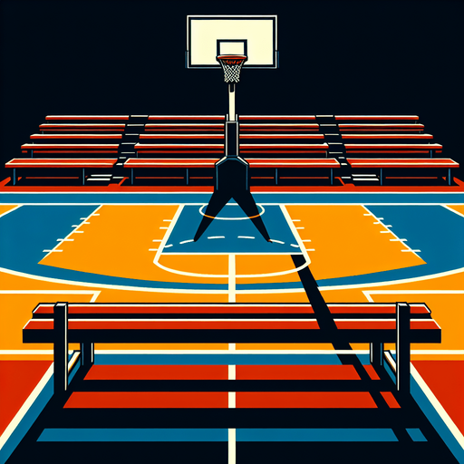 Basketball court facing to the benches. No players are present. Colors are show..
Single Game Texture. In-Game asset. 2d. Blank background. High contrast. No shadows.