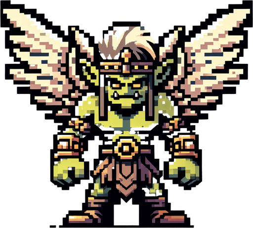 8-bit. cartoon. winged goblin..
Single Game Texture. In-Game asset. 2d. Blank background. High contrast. No shadows.