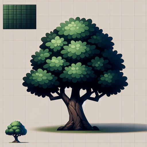 dark green tree, plain background.
Single Game Texture. In-Game asset. 2d. Blank background.  No shadows.