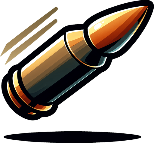 cartoon bullet, sideways, flying right, with empty background.
Single Game Texture. In-Game asset. 2d. Blank background. High contrast. No shadows.