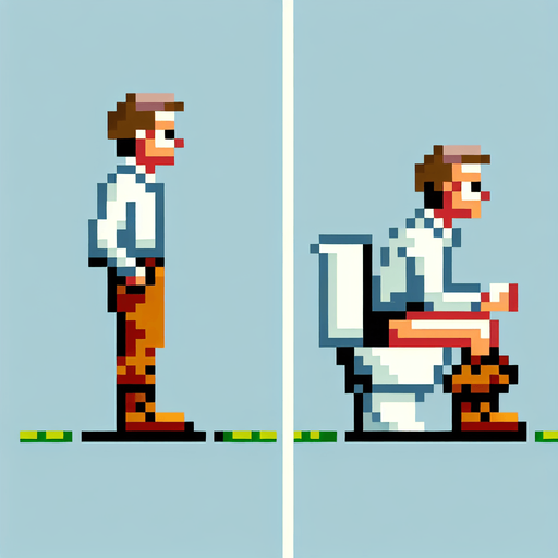 sprite sheet of an 8-bit pixelated character seen from the sides. This has two stances, of the character standing up and the other sitting down with his pants down as if taking a poop.
Single Game Texture. In-Game asset. 2d. Blank background. High contrast. No shadows.