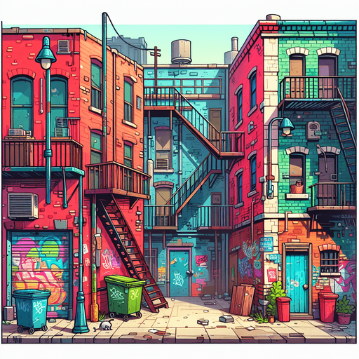 Create a cartoon-style  illustration of a back alley. The goal is to capture a lively and playful location. No skies..
Single Game Texture. In-Game asset. 2d. Blank background. High contrast. No shadows.