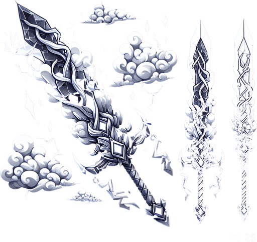 Magical elemental crystal sword made of clouds and lightning..
Single Game Texture. In-Game asset. 2d. Blank background. High contrast. No shadows.