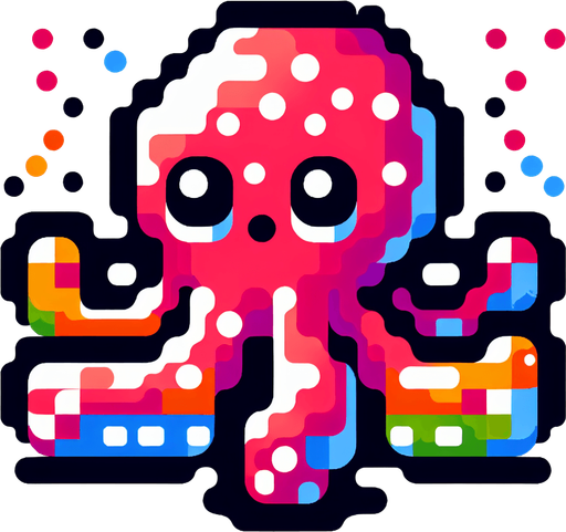 cartoon. 8-bit. octopus. colorful..
Single Game Texture. In-Game asset. 2d. Blank background. High contrast. No shadows.