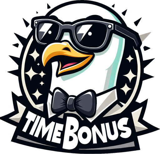 Create a  cartoon-style illustration of a smiling face of a seagul with black shades with the words "Time Bonus" at the bottom of it.
Single Game Texture. In-Game asset. 2d. Blank background. High contrast. No shadows.