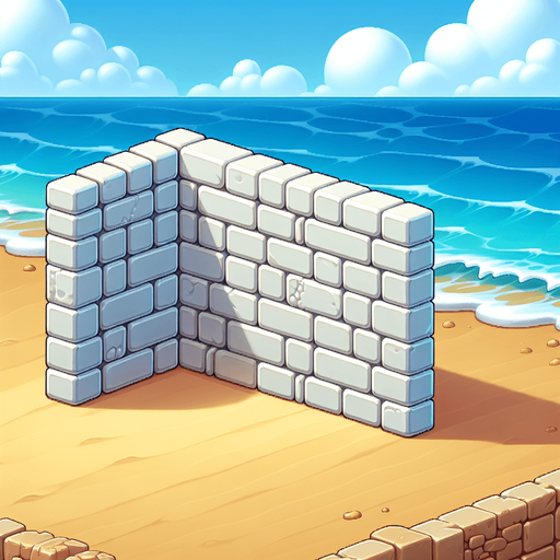 Create a cartoon-style illustration of a white wall of bricks on a beach.
Single Game Texture. In-Game asset. 2d. Blank background. High contrast. No shadows.