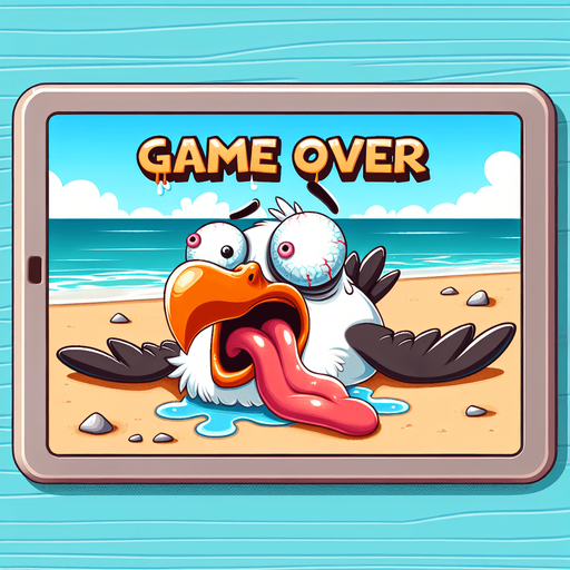 Create a close-up cartoon-style illustration of an dizzy seagull with his tongue sticking out on an empty sandy beach. The goal is to capture a lively and playful game over screen. Make sure 'game over' is written..
Single Game Texture. In-Game asset. 2d. Blank background. High contrast. No shadows.