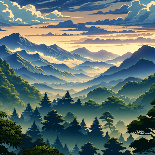 a japanees ninja game landscape background with montains far.