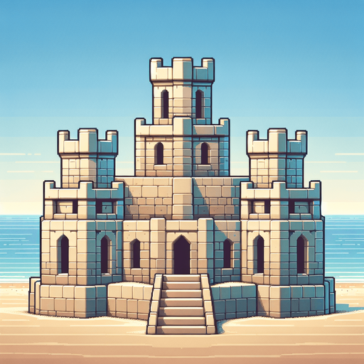 face view of a simple sandcastle with 2 flat towers on the sides and a central one a bit higher but flat too..
casual game style