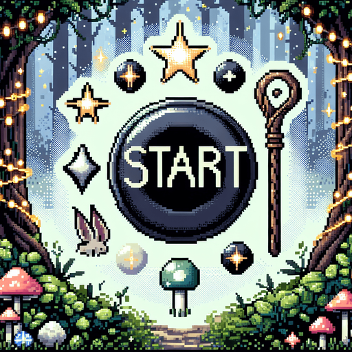 A start button for an elf game in a magic forest.
Pixel art.