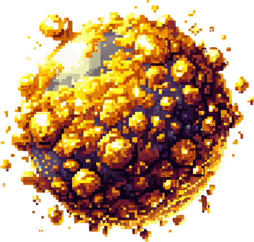 pixel art of a planet made of gold ore.
Single Game Texture. In-Game asset. 2d. Blank background. High contrast. No shadows.