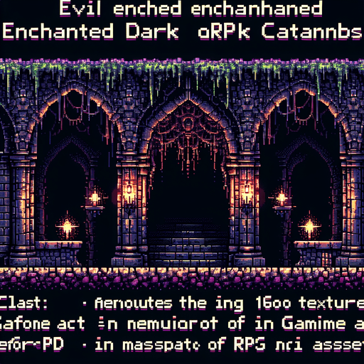 evil enchanted dark catacombs background, 1st person perspective, I want the art style to reflect a classic 16-bit retro pixel art aesthetic, reminiscent of early 1990s RPGs with vibrant colors..
Single Game Texture. In-Game asset. 2d. Blank background. High contrast. No shadows.