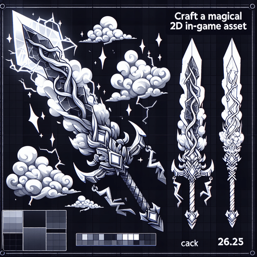 Magical elemental crystal sword made of clouds and lightning..
Single Game Texture. In-Game asset. 2d. Blank background. High contrast. No shadows.