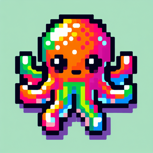 cartoon. 8-bit. octopus. colorful..
Single Game Texture. In-Game asset. 2d. Blank background. High contrast. No shadows.