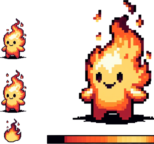 a friendly fire elemental, I want the art style to reflect a classic 16-bit retro pixel art aesthetic, reminiscent of early 1990s RPGs.
Single Game Texture. In-Game asset. 2d. Blank background. High contrast. No shadows.