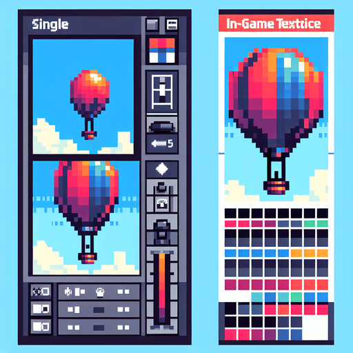 a pixel hot air balloon.
Single Game Texture. In-Game asset. 2d. Blank background. High contrast. No shadows.