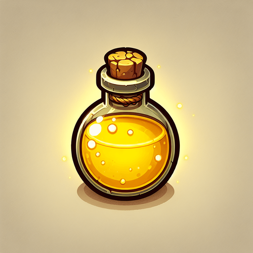 potion magique jaune.
Single Game Texture. In-Game asset. 2d. Blank background. High contrast. No shadows.