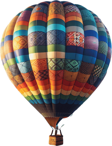 a full hot air balloon with a basket flying to the right.