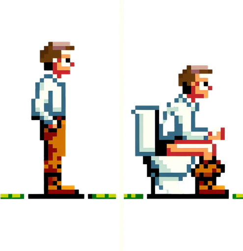 sprite sheet of an 8-bit pixelated character seen from the sides. This has two stances, of the character standing up and the other sitting down with his pants down as if taking a poop.
Single Game Texture. In-Game asset. 2d. Blank background. High contrast. No shadows.