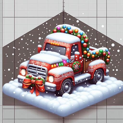 2d diagonal christmas car or truck in snow Single Game Texture. In-Game asset. 2d. Blank background. High contrast. No shadows.