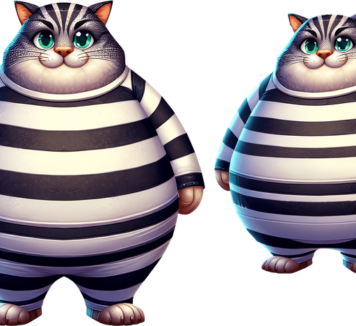 Super fat cat with a funny face wearing a prison jumpsuit.
Single Game Texture. In-Game asset. 2d. Blank background. High contrast. No shadows.