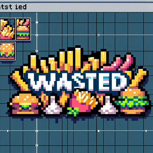 8-bit pixelated text saying "WASTED" against a fast food like burgers, fries and nuggets.
Single Game Texture. In-Game asset. 2d. Blank background. High contrast. No shadows.