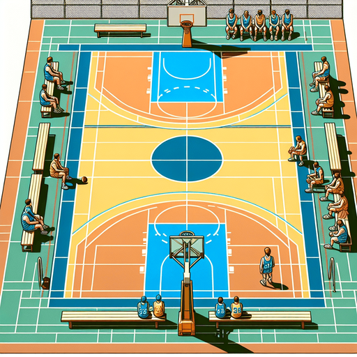 Basketball court facing to the benches. No players are present. Colors are show..
Single Game Texture. In-Game asset. 2d. Blank background. High contrast. No shadows.