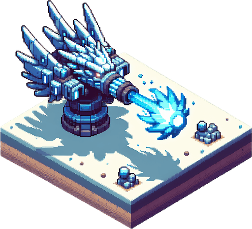 dragon shaped firing turret. top-down bird-eye perspective seen directly from above. 8-bit pixelated. blue soft-palette colored.
Single Game Texture. In-Game asset. 2d. Blank background. High contrast. No shadows.