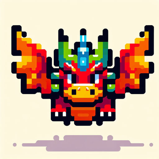 8bit cartoon flying dragon. Front view. Funny..
Single Game Texture. In-Game asset. 2d. Blank background. High contrast. No shadows.