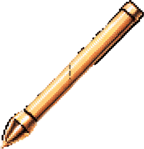 a straight crossbow bolt made of gold. top down view. pixelart. bolt only, crossbow not included. vertical display, from bottom to top. Single Game Texture. In-Game asset. 2d. Blank background. High contrast. No shadows.