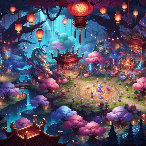 Chinese new years, enchanted forest.
Single Game Texture. In-Game asset. 2d. Blank background. High contrast. No shadows.